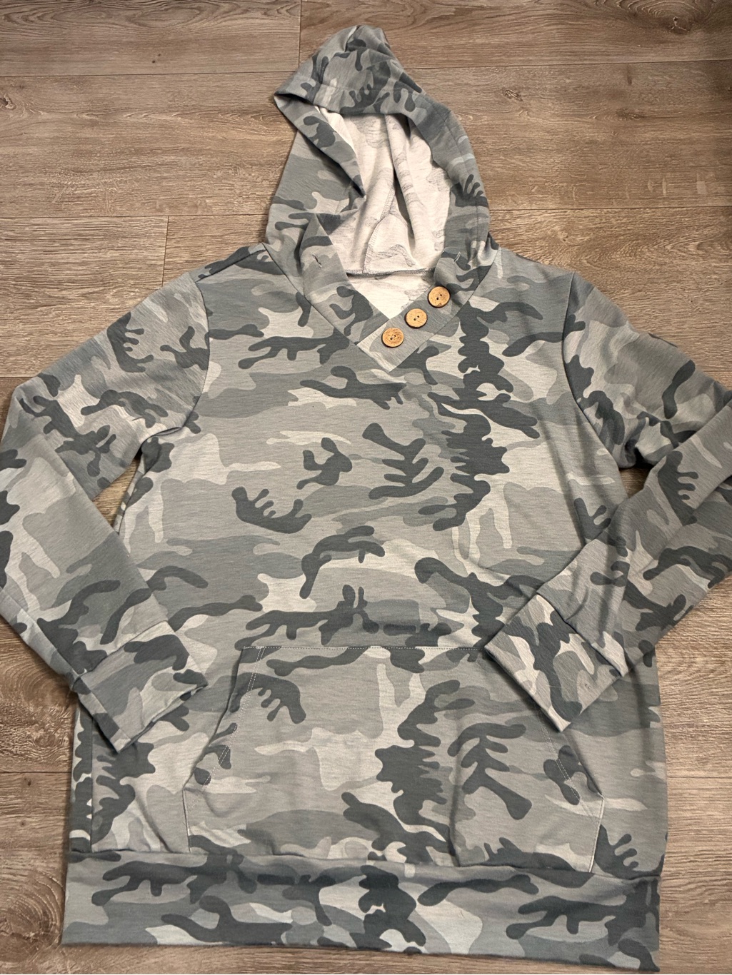 Gray & Olive Camo Hooded Pullover With Button Detail